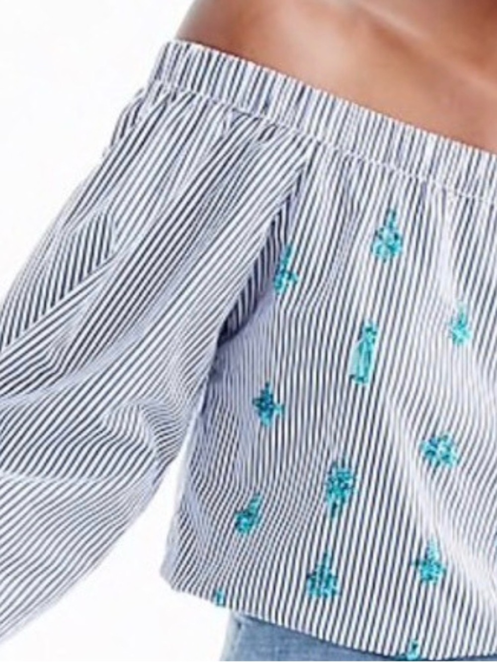 J. Crew White and Blue Striped Off-the-Shoulder Embroidered Top, Size 4